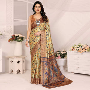 Beige Floral Printed Khadi Saree