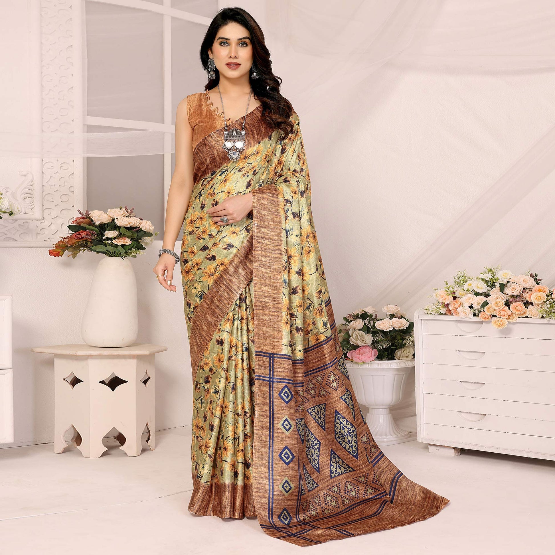 Beige Floral Printed Khadi Saree