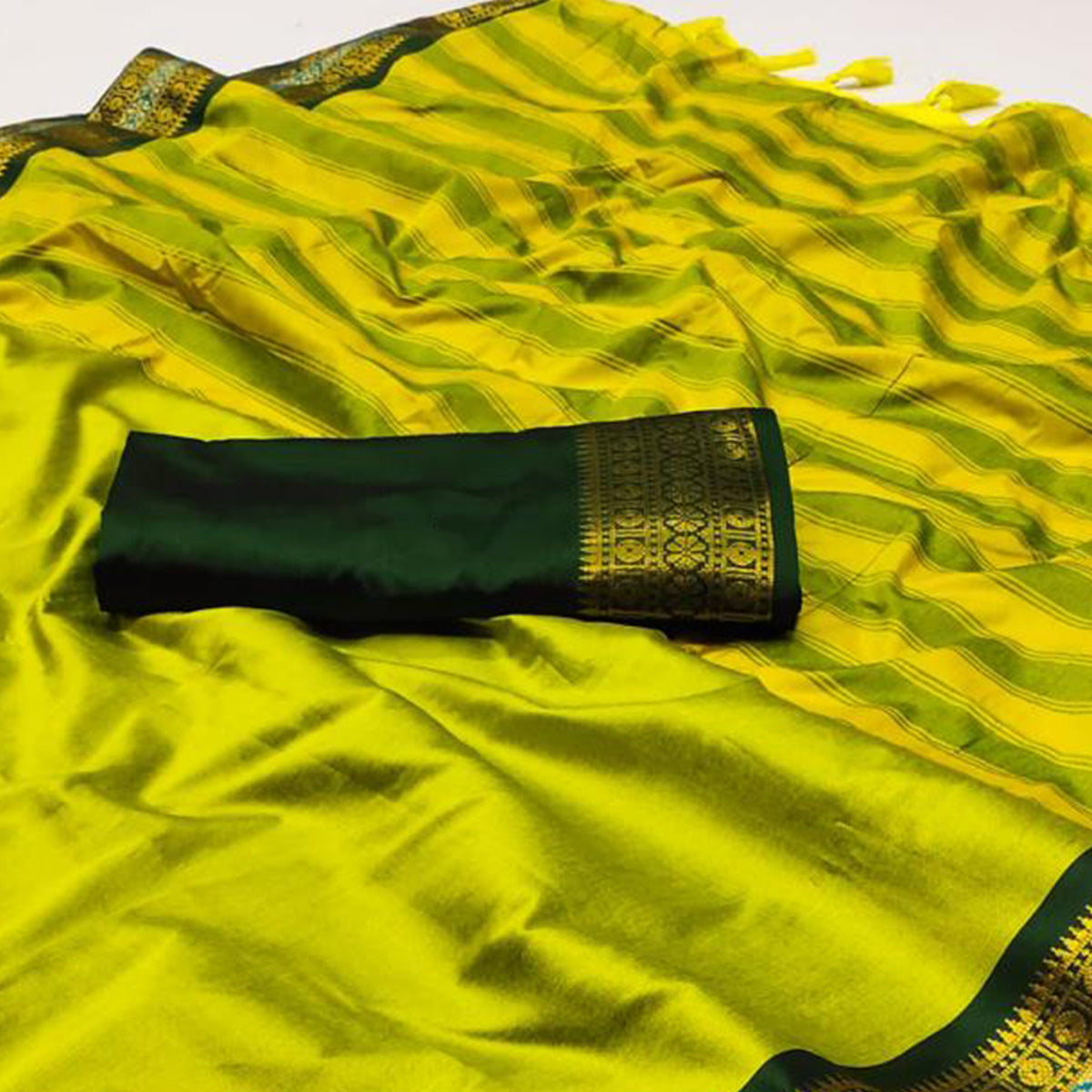 Lemon Yellow Woven Cotton Silk Saree With Tassels