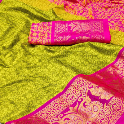 green-floral-woven-cotton-silk-saree-with-tassels