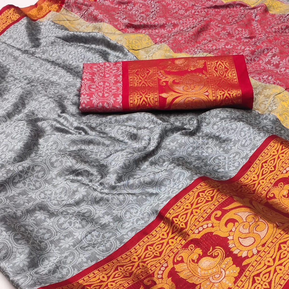 grey-floral-woven-cotton-silk-saree-with-tassels