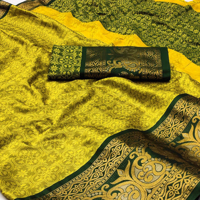 Lemon Green Floral Woven Cotton Silk Saree With Tassels