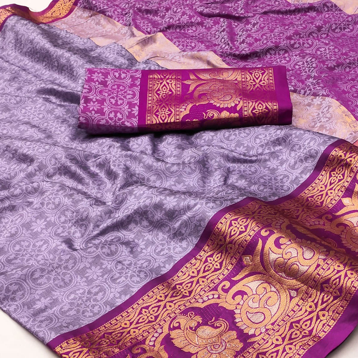 Light Violet Floral Woven Cotton Silk Saree With Tassels