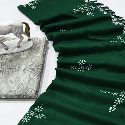 Bottle Green Floral Printed Muslin Saree With Tassels