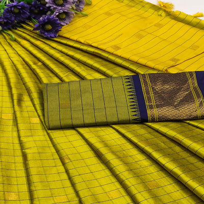 Lemon Green & Blue Woven Cotton Silk Saree With Tassels