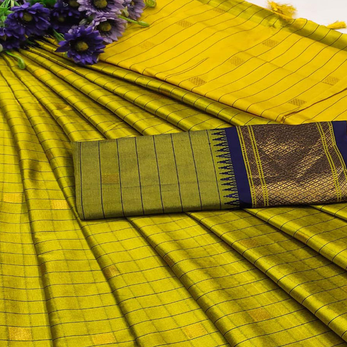 Lemon Green & Blue Woven Cotton Silk Saree With Tassels