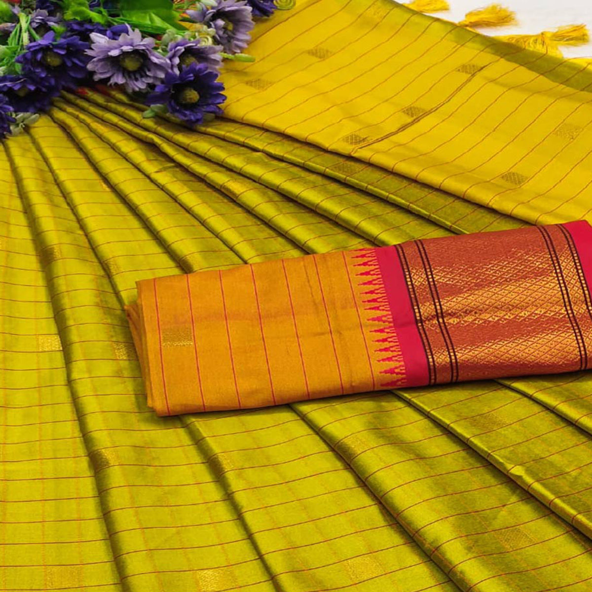 Lemon Green & Red Woven Cotton Silk Saree With Tassels