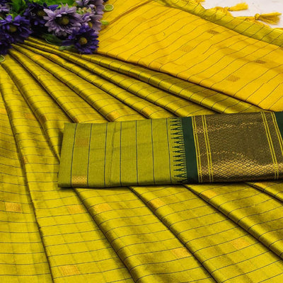 Lemon Green & Dark Green Woven Cotton Silk Saree With Tassels