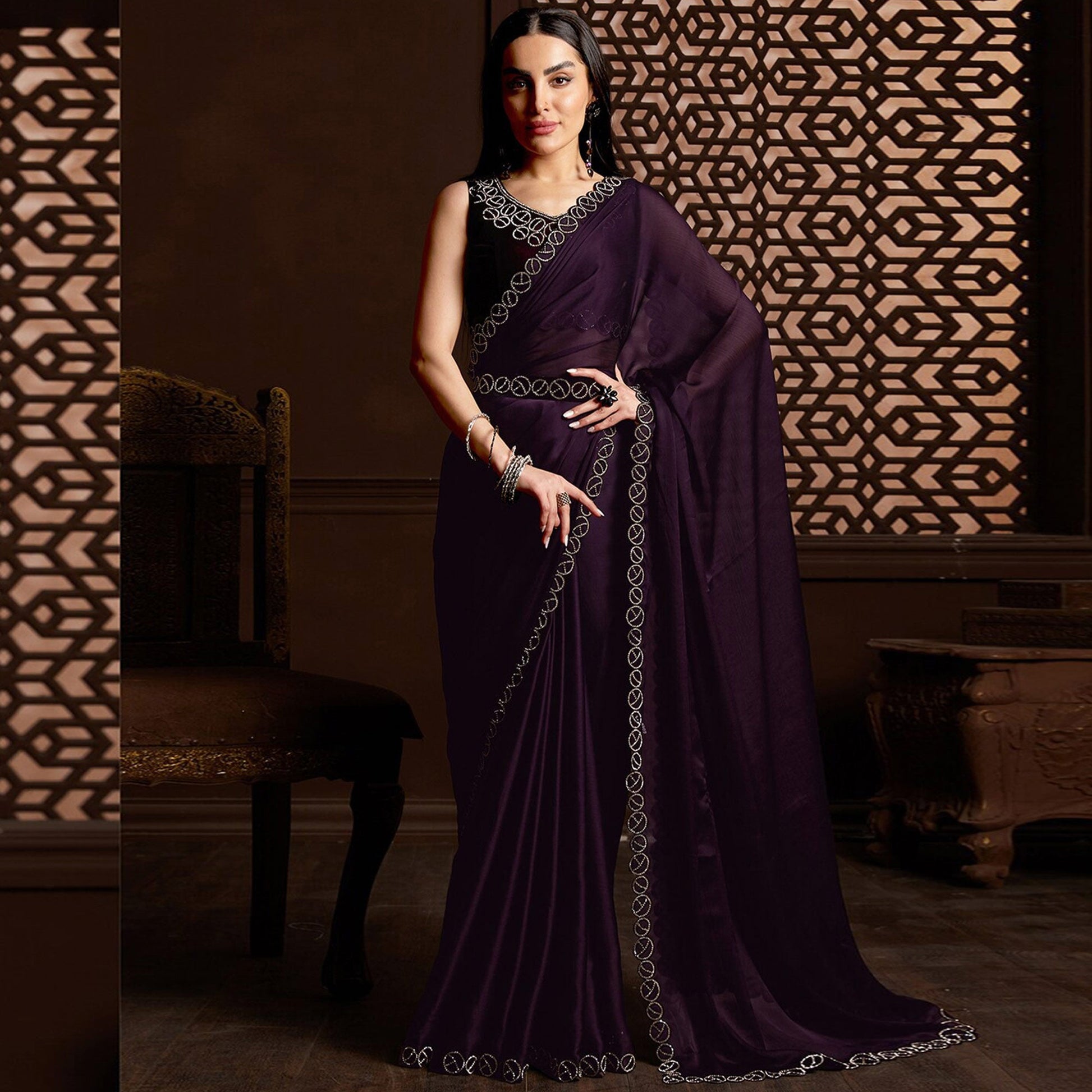Dark Purple Stone Work Chiffon Saree