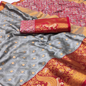 Grey Woven Cotton Silk Saree With Tassels