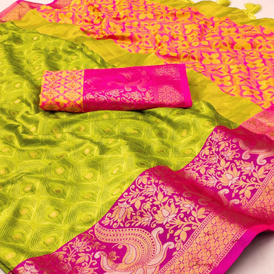 Lemon Green Woven Cotton Silk Saree With Tassels