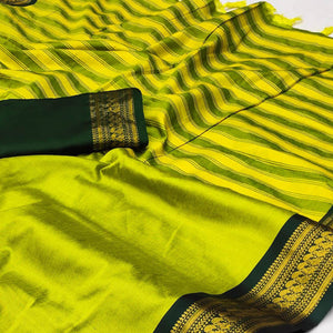 Lemon Green Solid Cotton Silk Saree With Jacquard Border
