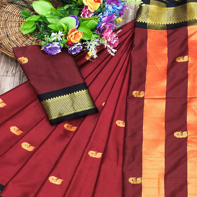 Maroon Butti Work Woven Cotton Silk Saree