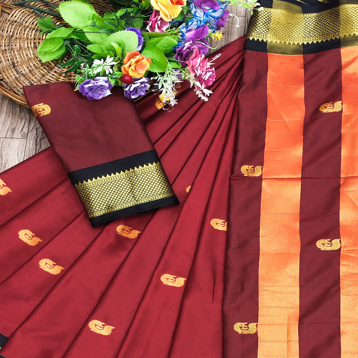 Maroon Butti Work Woven Cotton Silk Saree