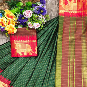 Bottle Green & Red Woven Cotton Silk Saree With Tassels