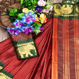 Maroon & Green Woven Cotton Silk Saree With Tassels