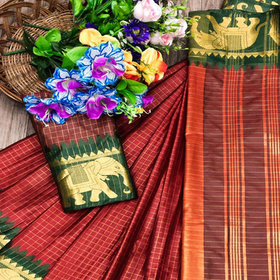 Maroon & Green Woven Cotton Silk Saree With Tassels