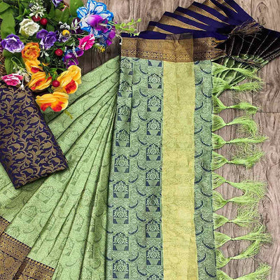 Dusty Green Woven Cotton Silk Saree With Tassels