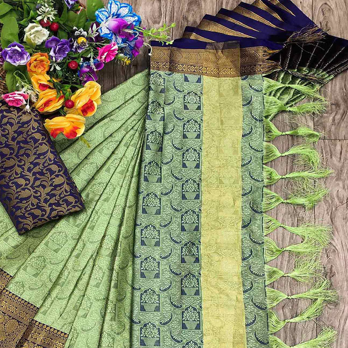 Dusty Green Woven Cotton Silk Saree With Tassels
