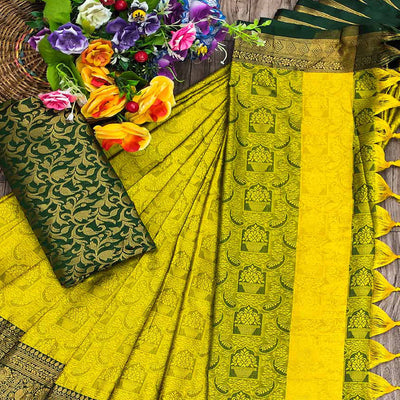Lemon Yellow Woven Cotton Silk Saree With Tassels