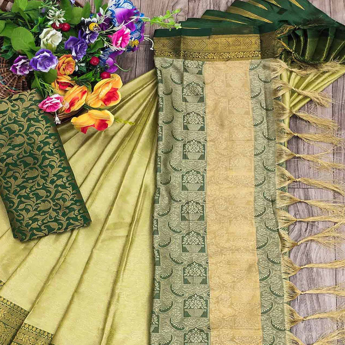 Light Green Woven Cotton Silk Saree With Tassels