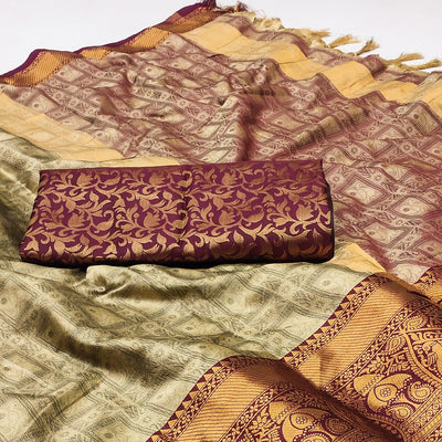 Chikoo Woven Cotton Silk Saree With Tassels