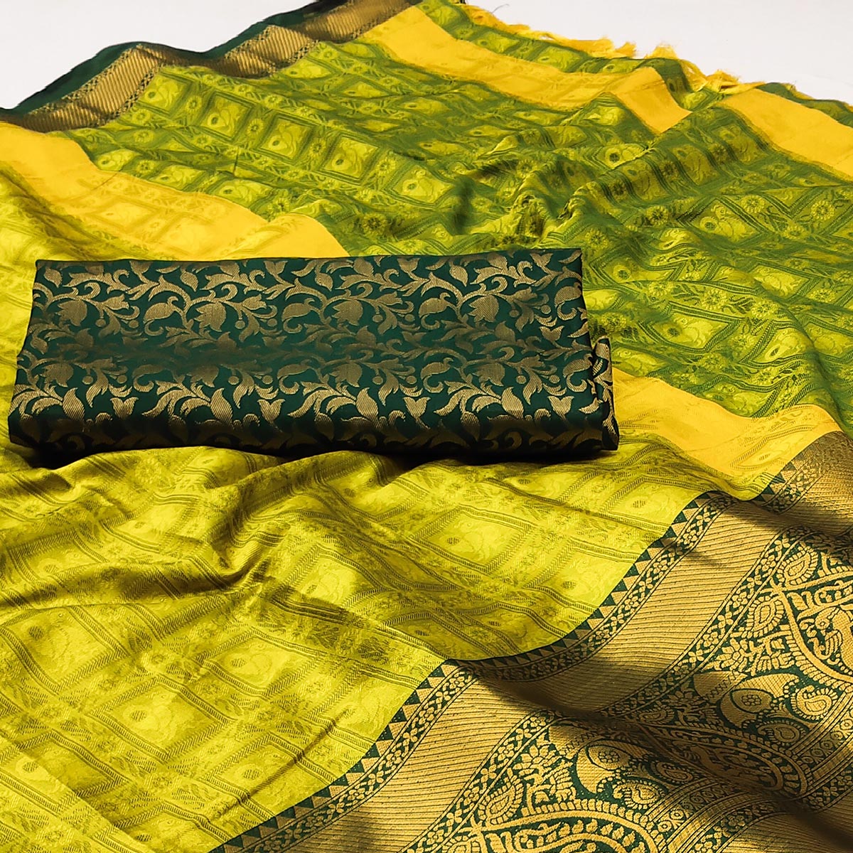 Lemon Yellow Woven Cotton Silk Saree With Tassels