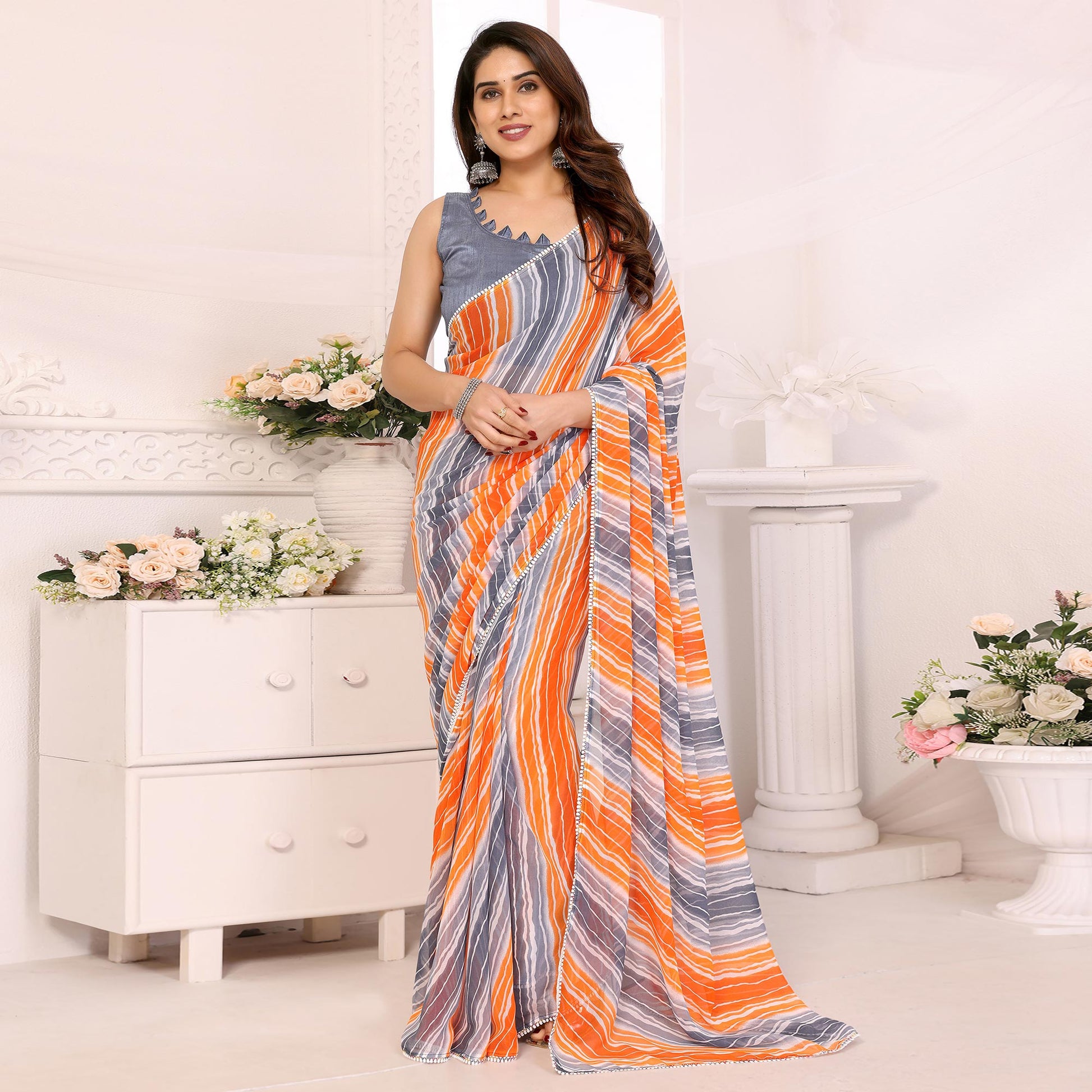 grey-orange-leheriya-printed-georgette-ready-to-wear-saree
