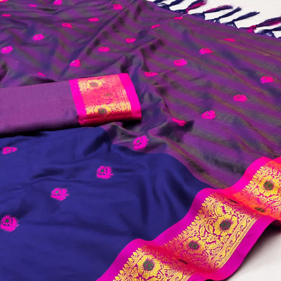 Blue Woven Cotton Silk Saree With Tassels