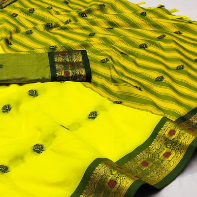 Lemon Yellow Woven Cotton Silk Saree With Tassels