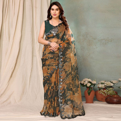 Dark Green  Printed Georgette Saree With Mirror Work Border