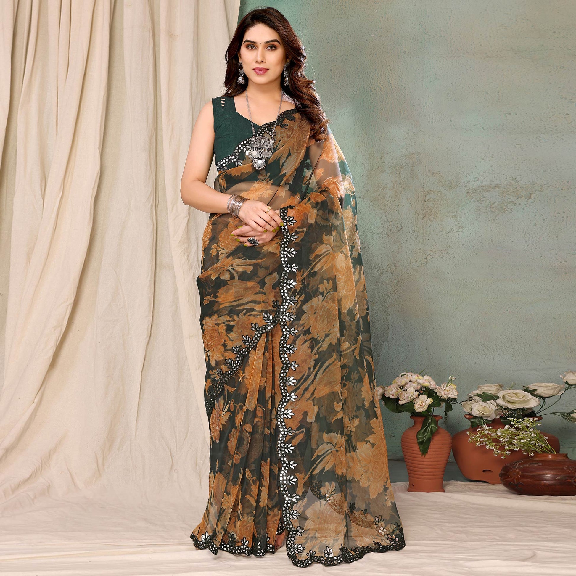 Dark Green  Printed Georgette Saree With Mirror Work Border