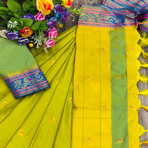 Lemon Green Butti Work Woven Cotton Silk Saree