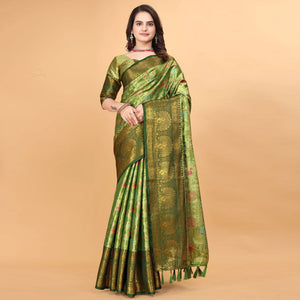 green-floral-woven-tissue-silk-saree-with-tassels