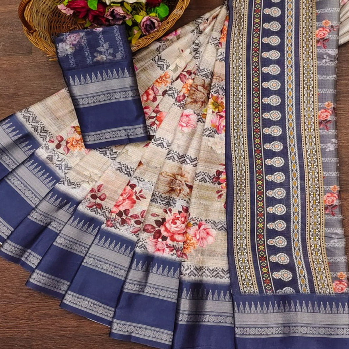 Indigo Blue Floral Digital Printed Cotton Silk Saree