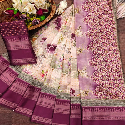 Magenta Floral Digital Printed Cotton Silk Saree