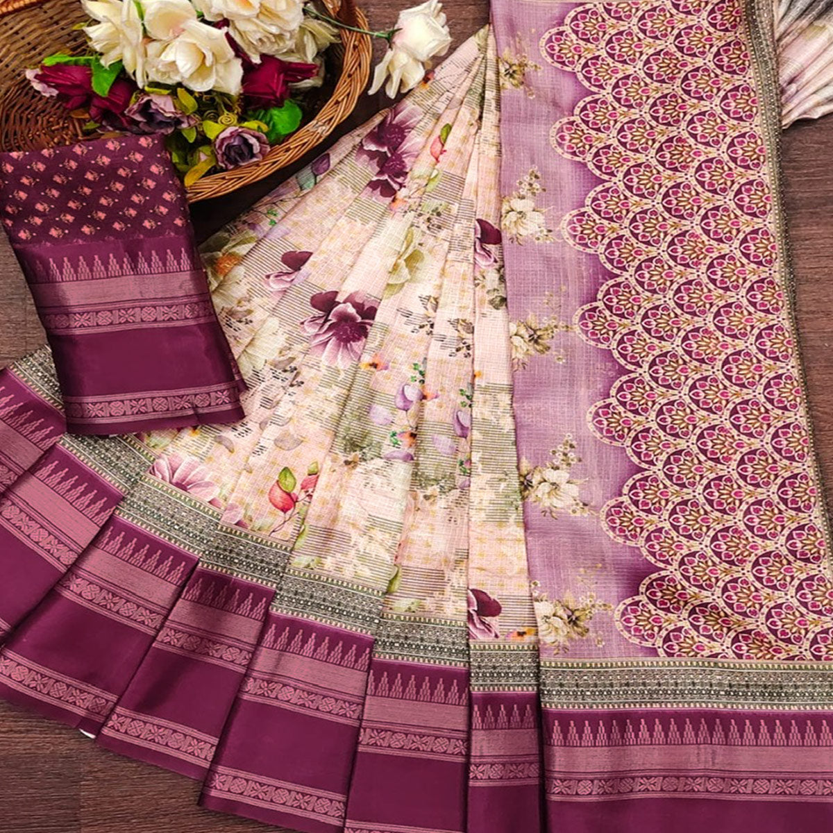 Magenta Floral Digital Printed Cotton Silk Saree