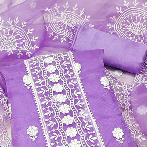 Light Purple Floral Embroidered Organza Dress Material