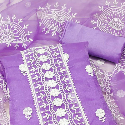 Light Purple Floral Embroidered Organza Dress Material