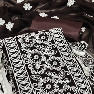 Coffee Brown Floral Embroidered Georgette Dress Material