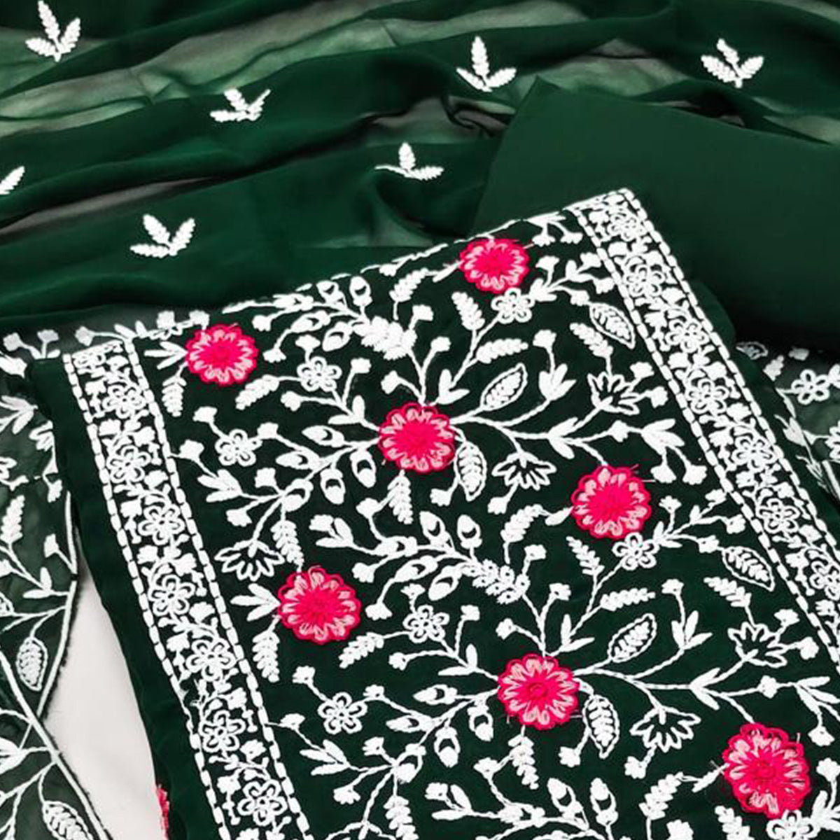 Bottle Green Floral Embroidered Georgette Dress Material