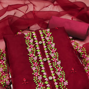 Maroon Floral Embroidered Organza Dress Material
