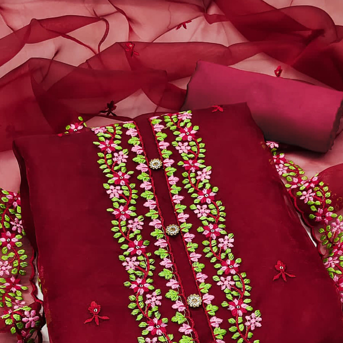 Maroon Floral Embroidered Organza Dress Material