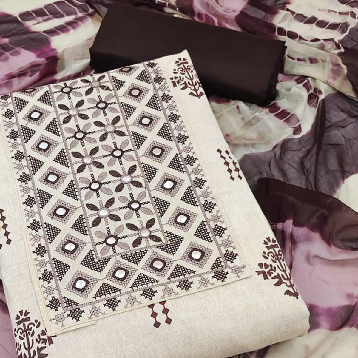 Chikoo & Brown Printed Cotton Dress Material