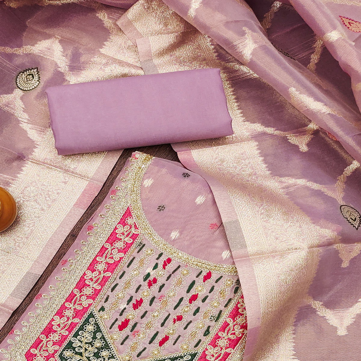 Lavender Sequins Embroidered With Woven Chanderi Silk Dress Material