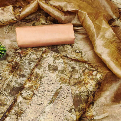 Brown Printed Cotton Silk Dress Material