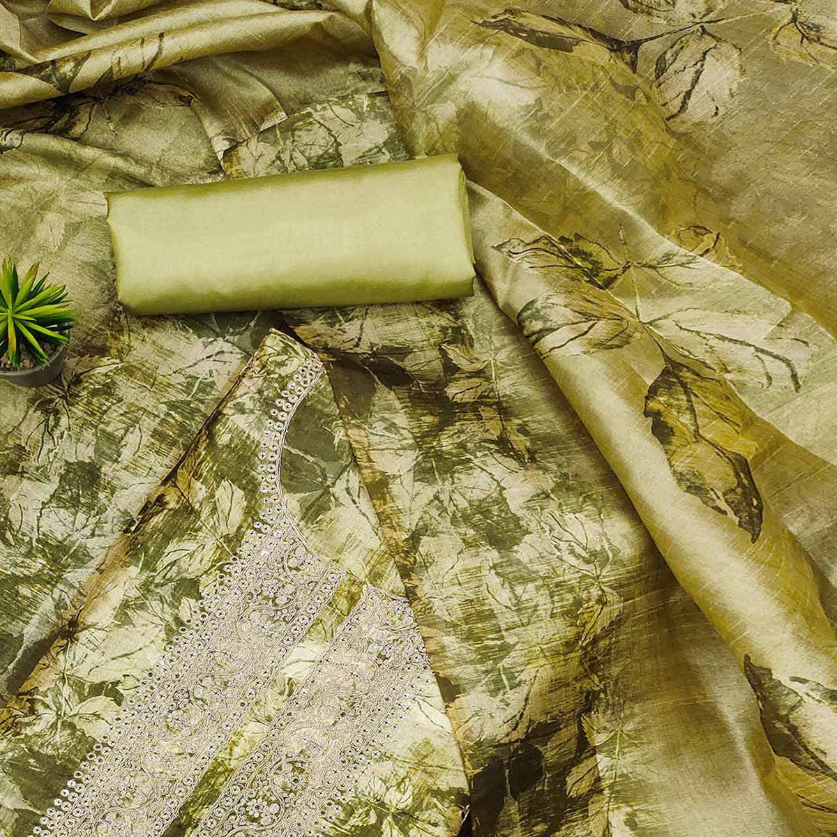 green-printed-cotton-silk-dress-material