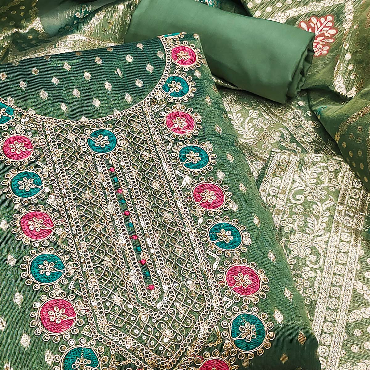 green-woven-with-sequins-work-jacquard-dress-material