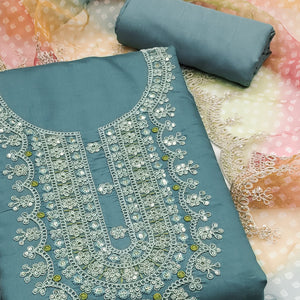 Bluish Grey Floral Sequins Embroidered Roman Chanderi Silk Dress Material