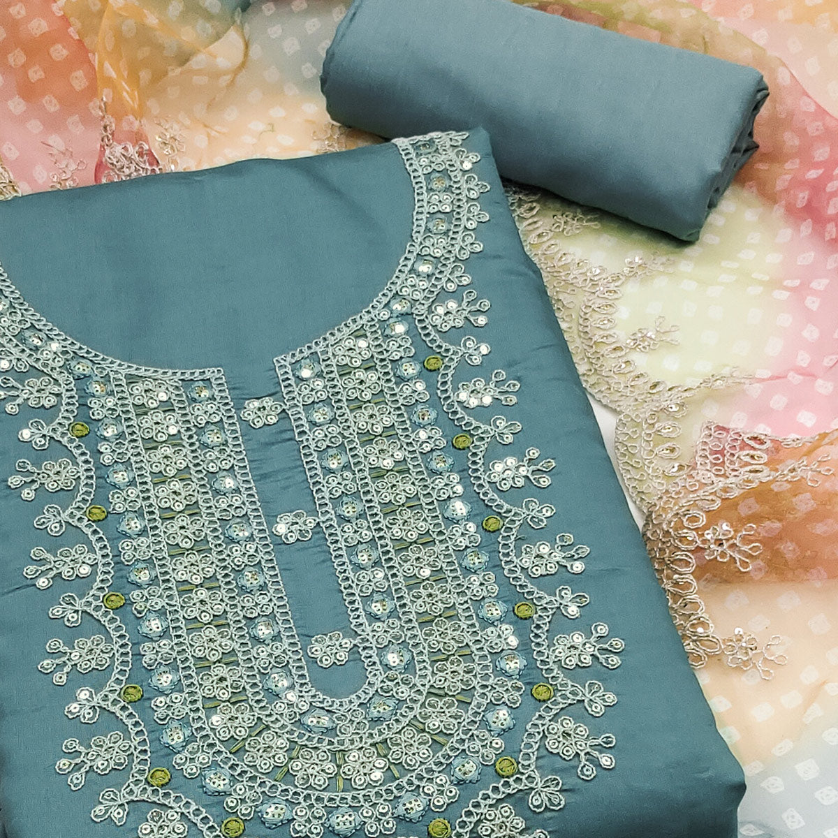 Bluish Grey Floral Sequins Embroidered Roman Chanderi Silk Dress Material